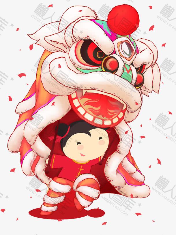 卡通舞狮春节传统节日插画