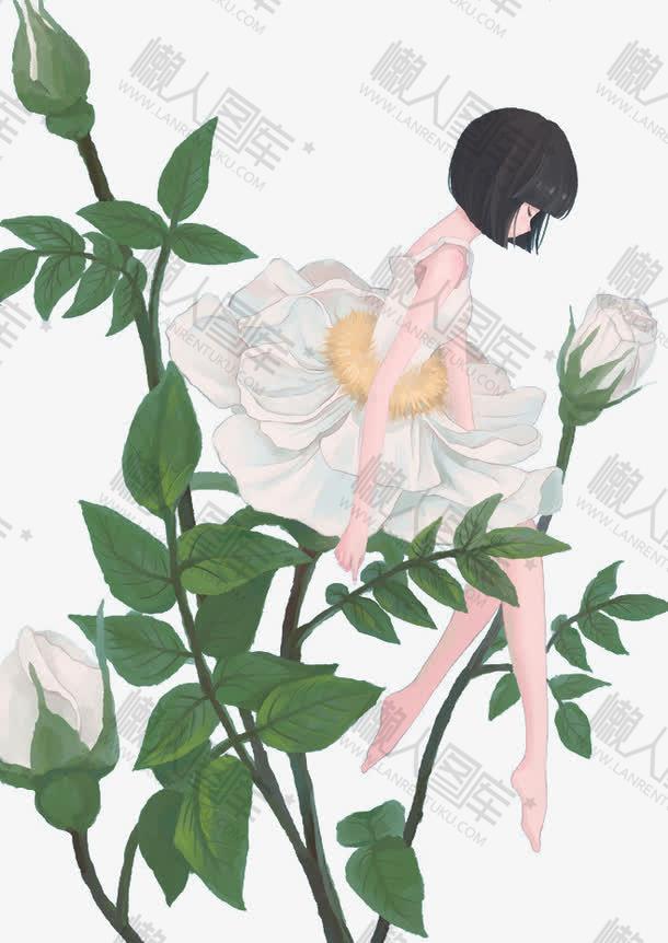 唯美花与女孩插画图1