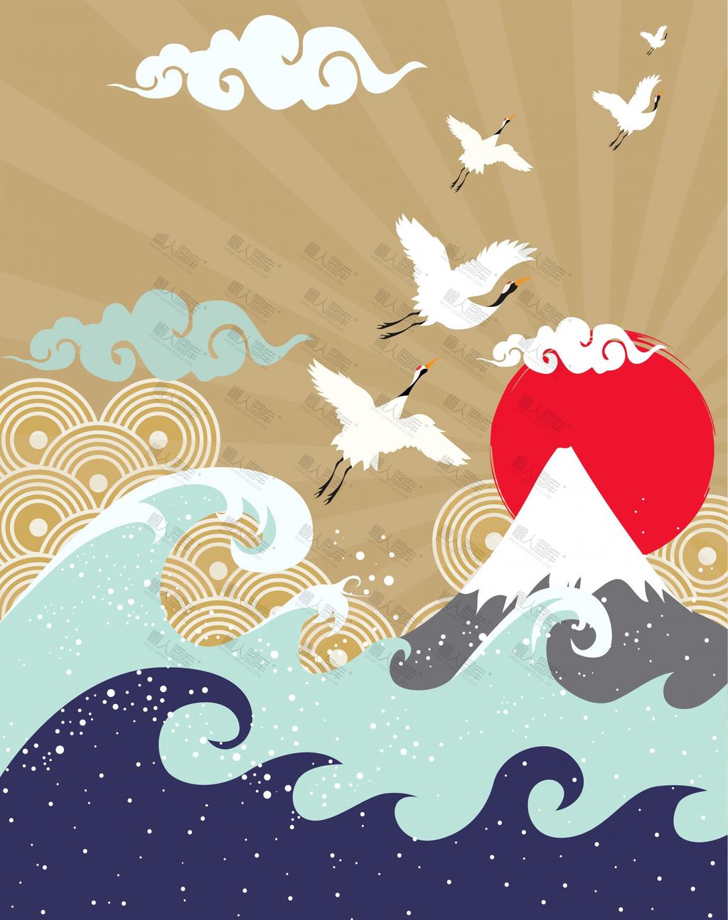 国潮仙鹤海浪矢量图