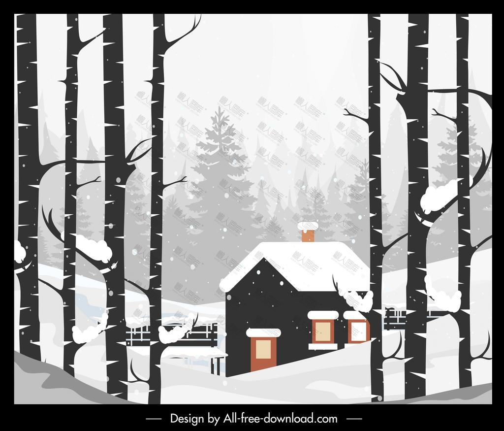 雪天的小木屋插画