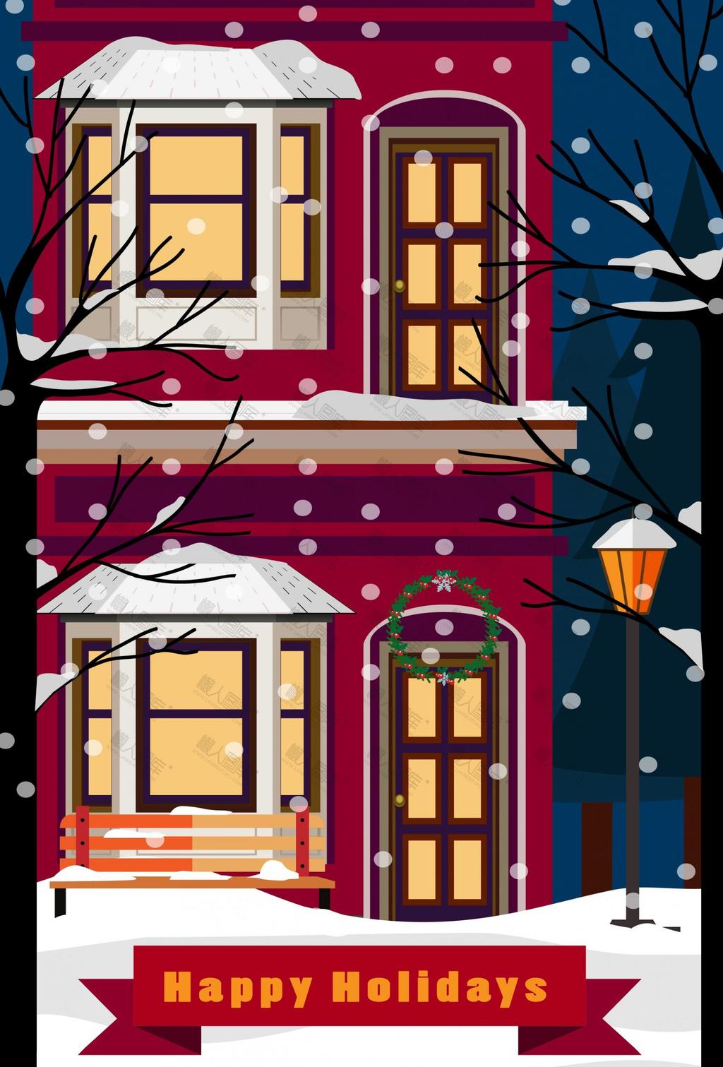 圣诞雪夜下的房屋雪景图片