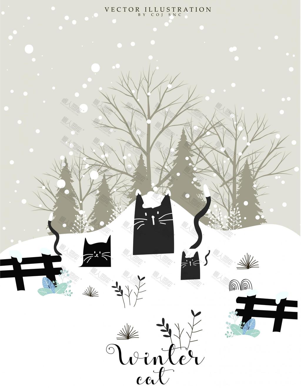 原创手绘雪地里的猫插画图片