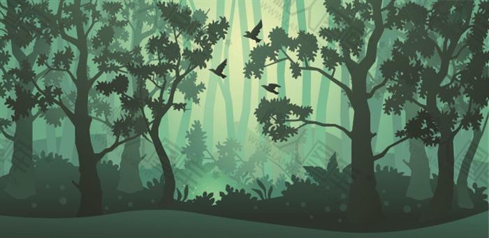 茂盛树林景色风景插画