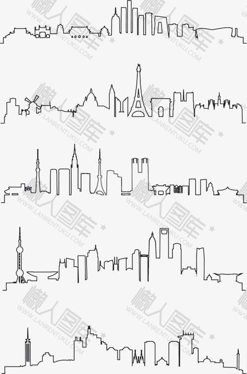 手绘线描城市建筑风景