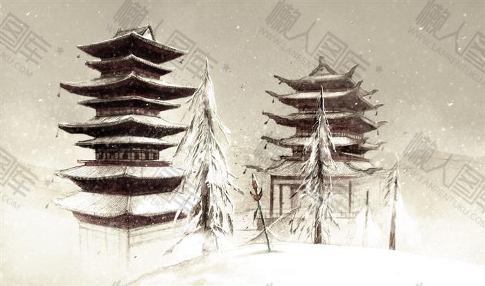 古风雪景楼阁插画