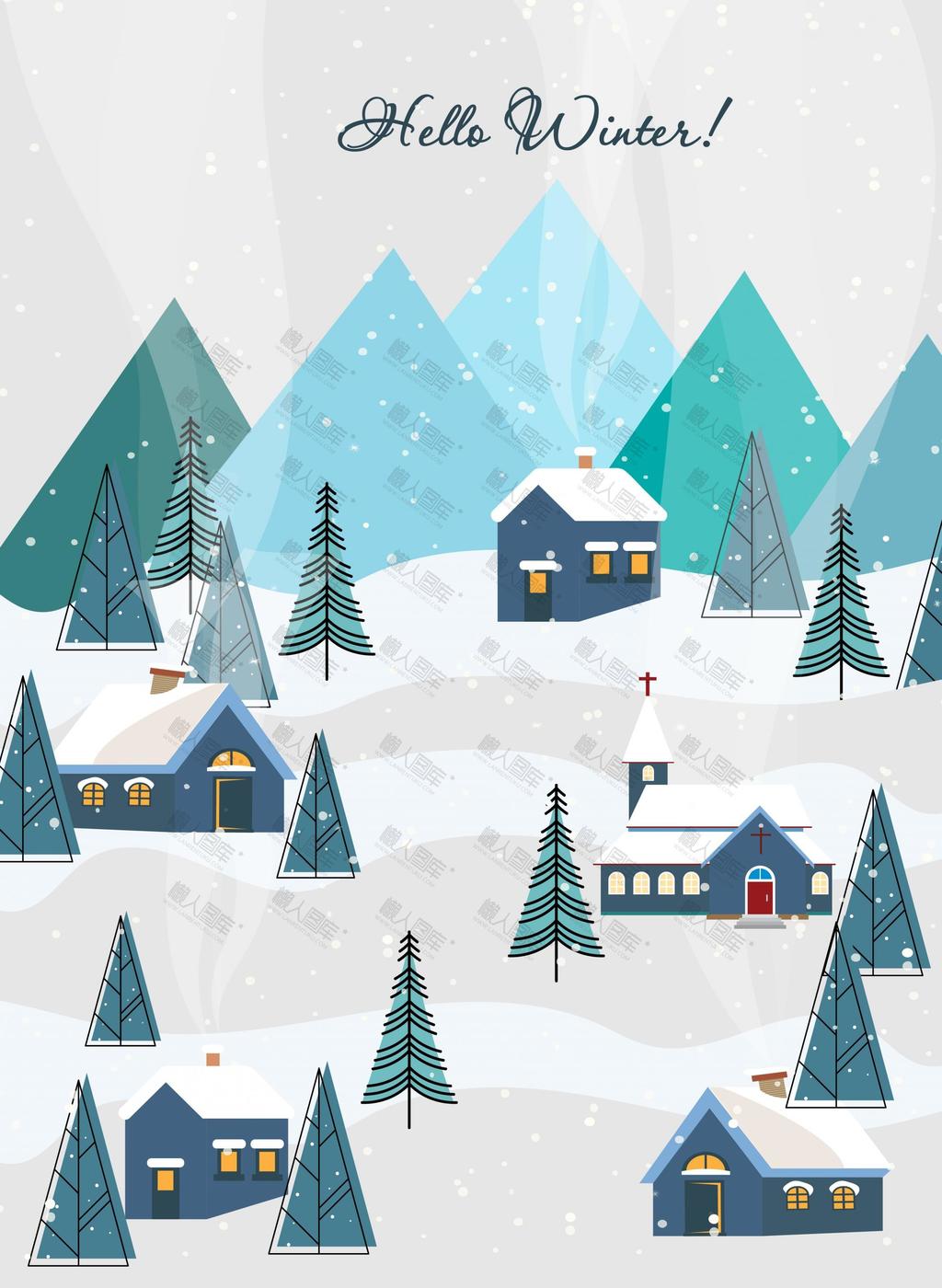 冬至下雪的村庄插画