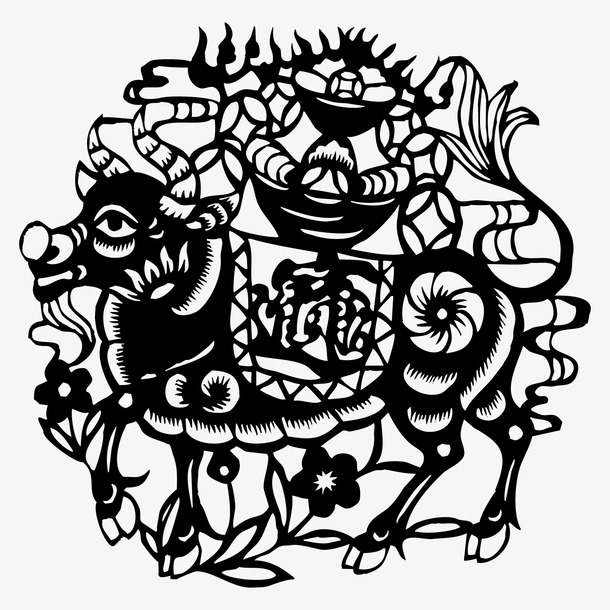 中式牛年画剪纸图1