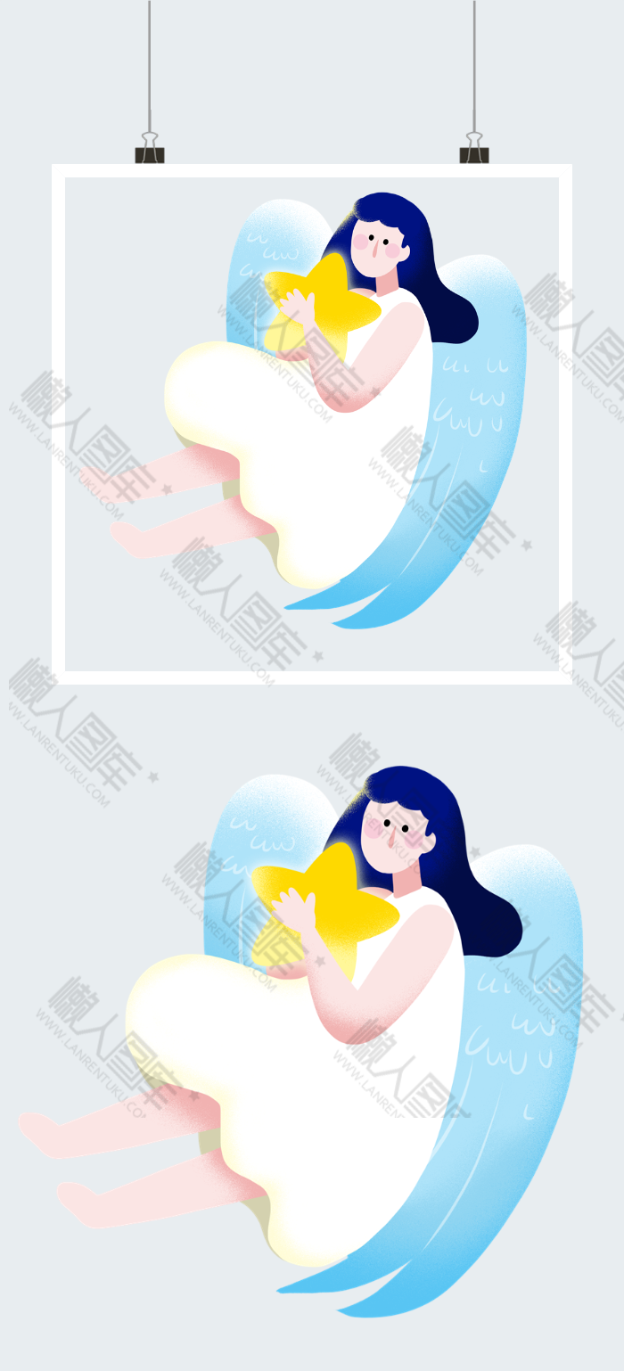 蓝色翅膀小天使手绘插画图2