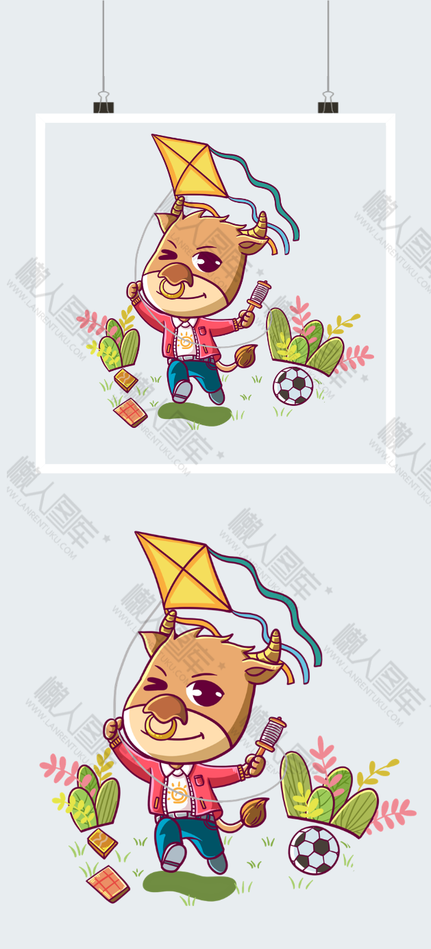 卡通放风筝的牛插画图2