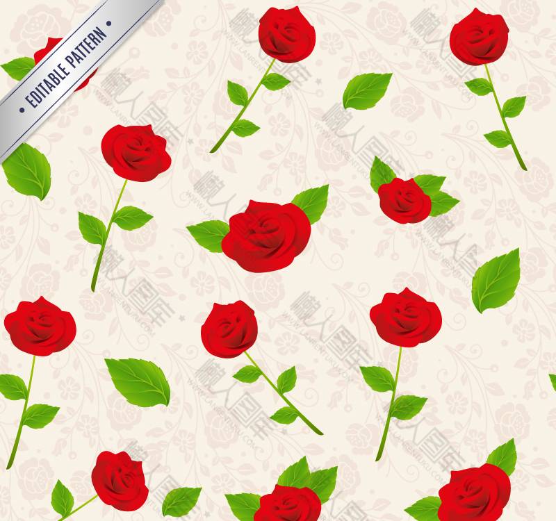 红色玫瑰花枝无缝背景矢量素材