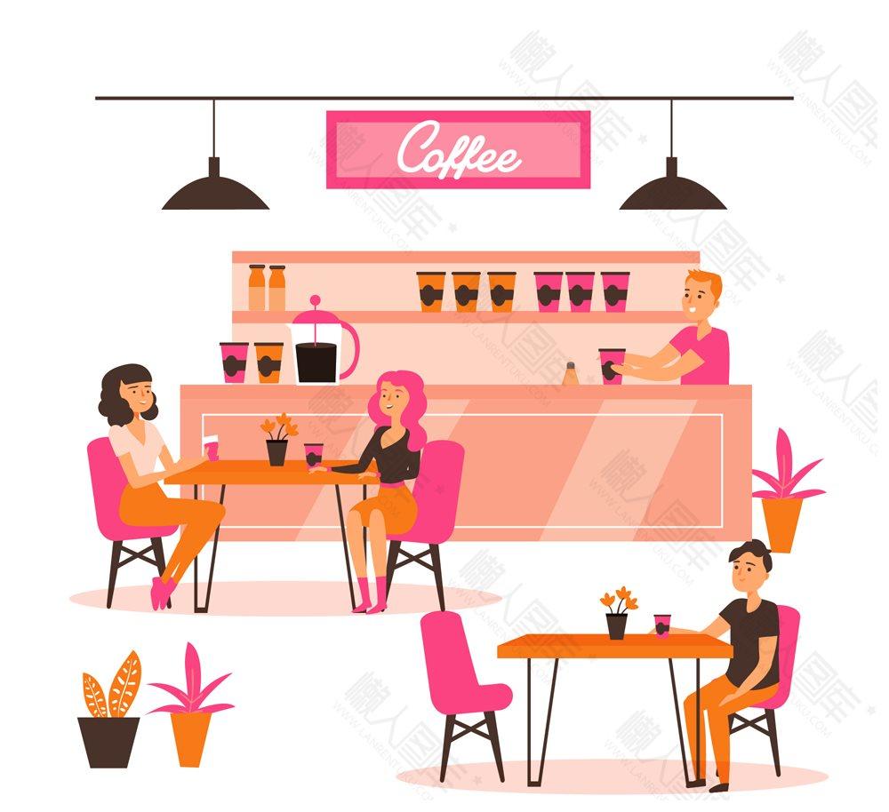 粉色咖啡馆内部设计矢量图