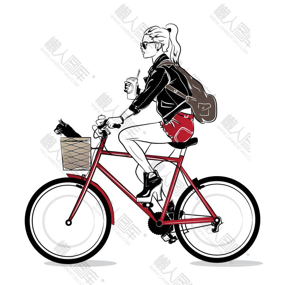 骑单车时尚女孩矢量图
