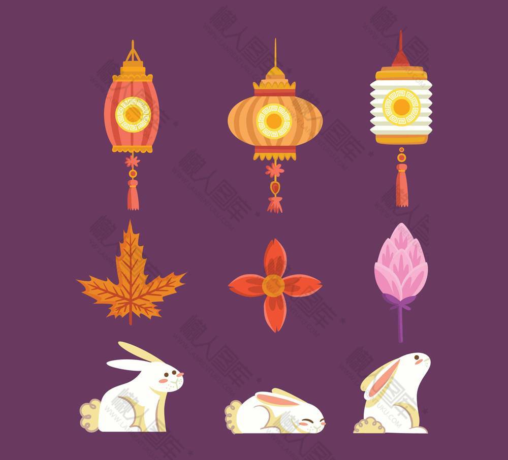 中秋节灯笼兔子卡通矢量图