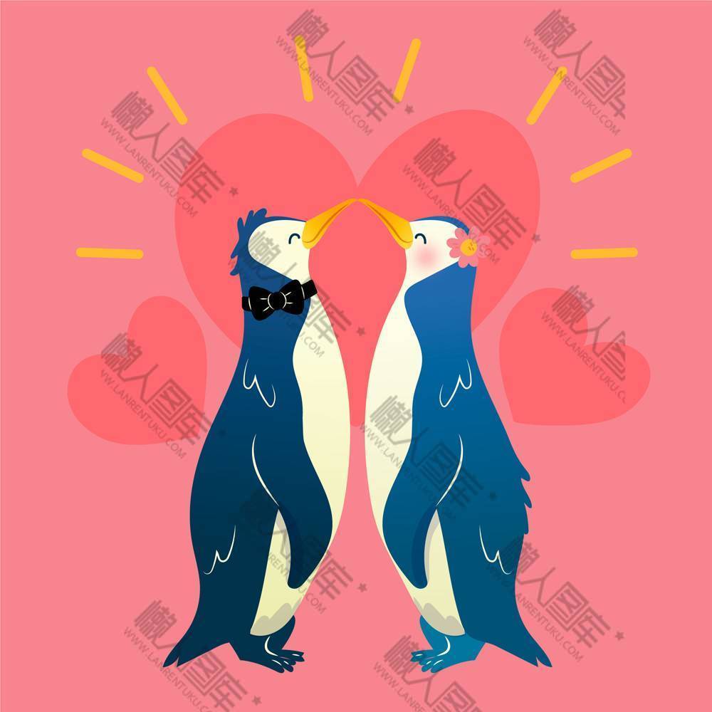彩绘企鹅情侣和爱心矢量素材
