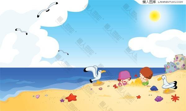 海边玩耍的孩子卡通插画图片图1