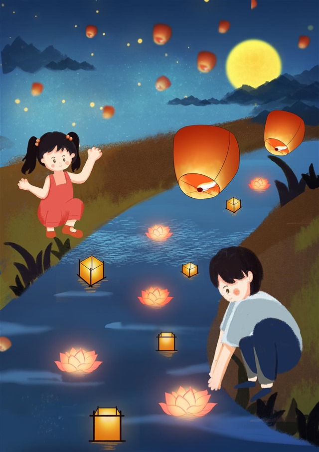 中元节孔明灯海报背景图图1