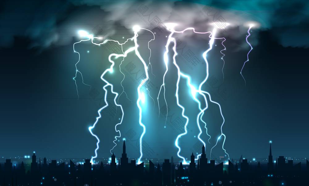 逼真城市上空雷电矢量图图1