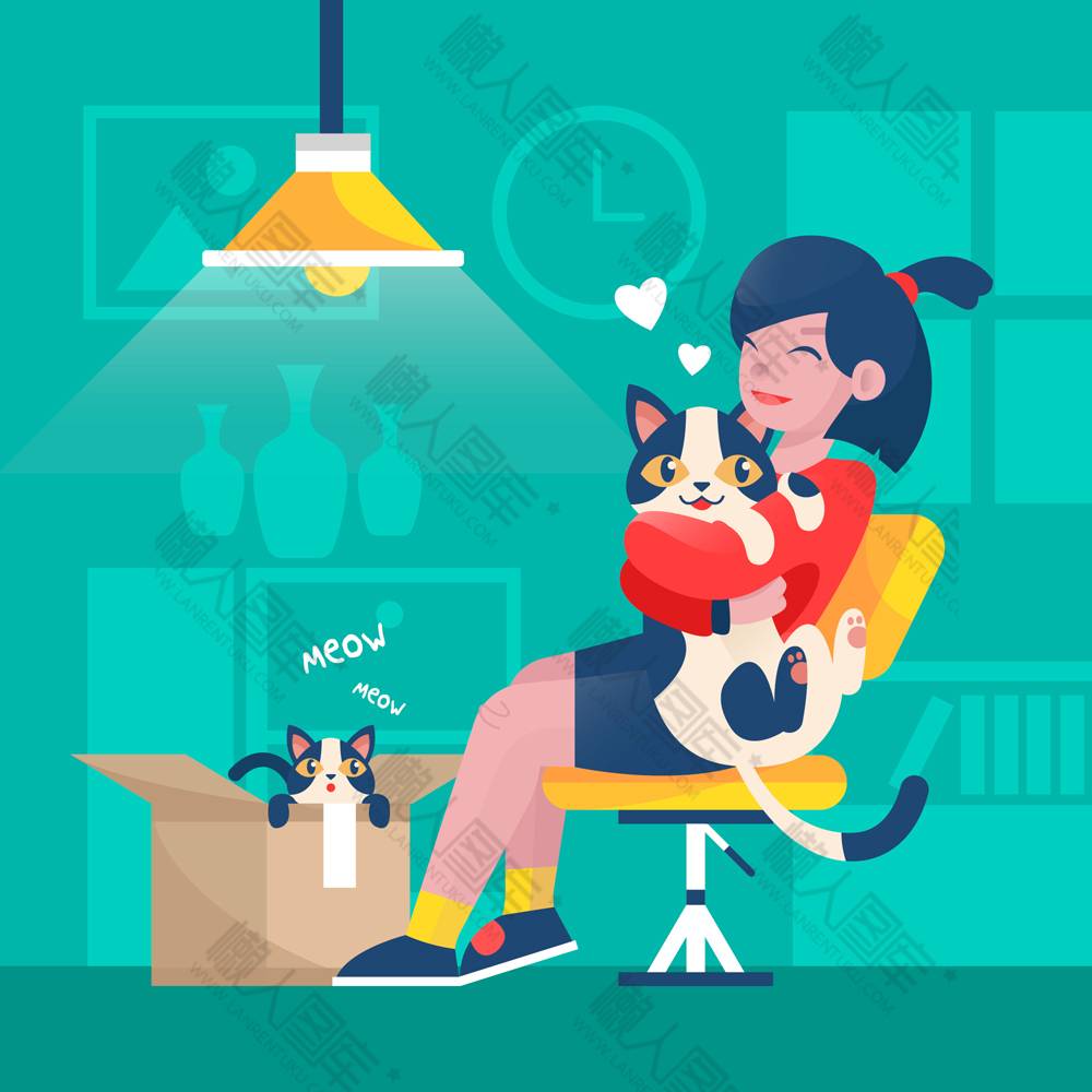 宅家的猫咪与主人矢量图图1