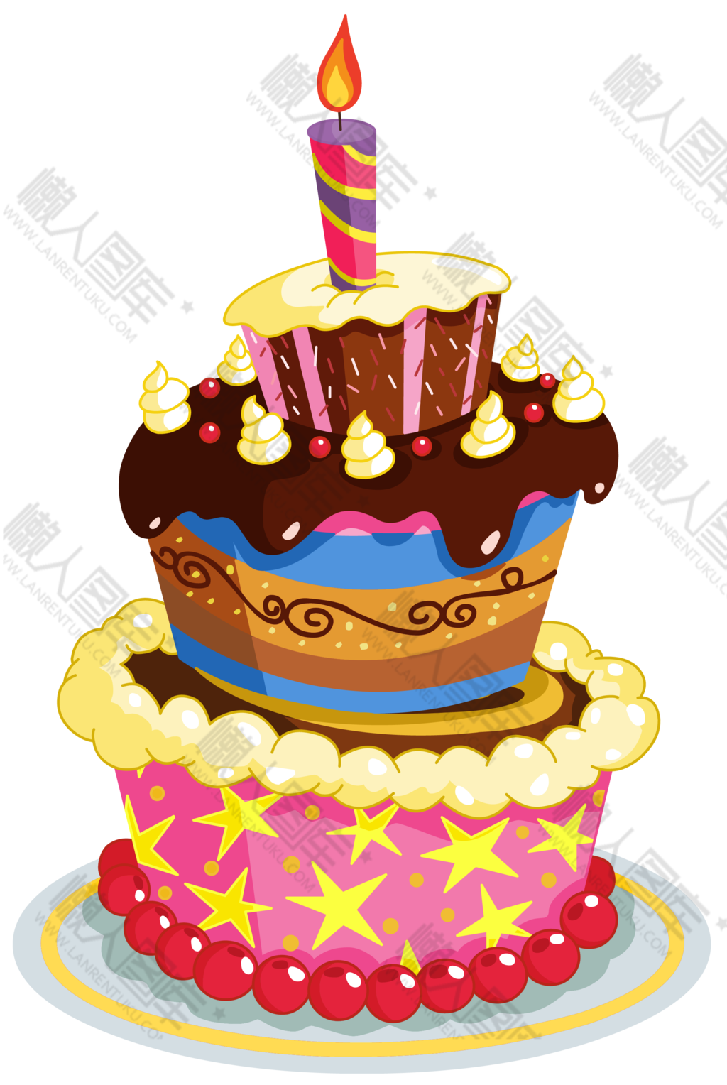 卡通三层生日蛋糕蜡烛插画