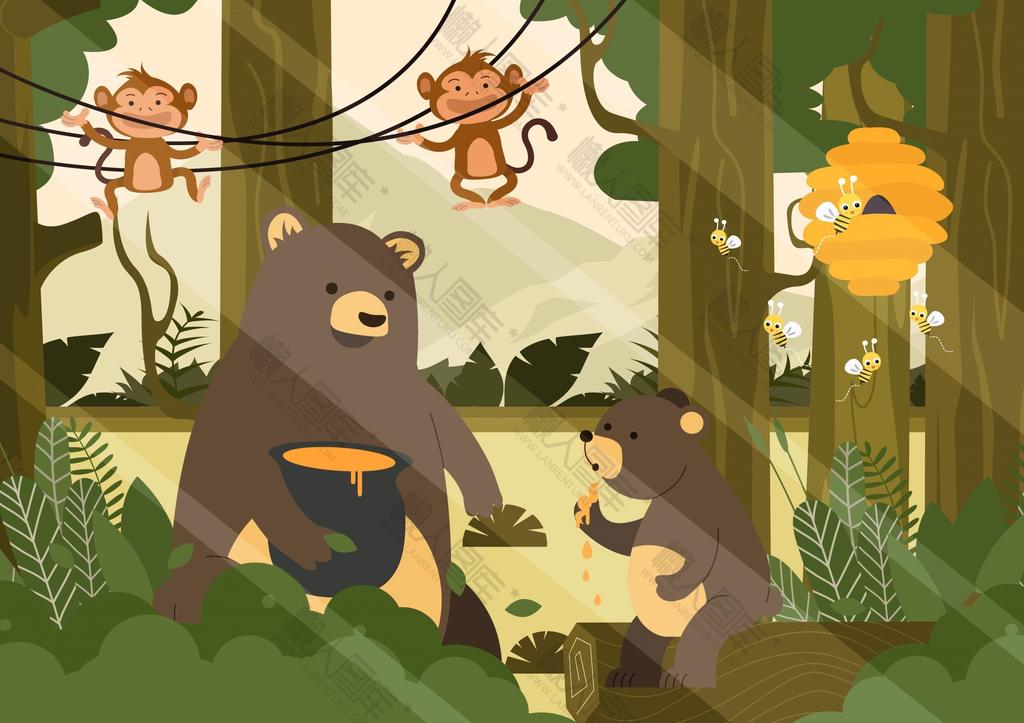 森林小熊玩耍插画