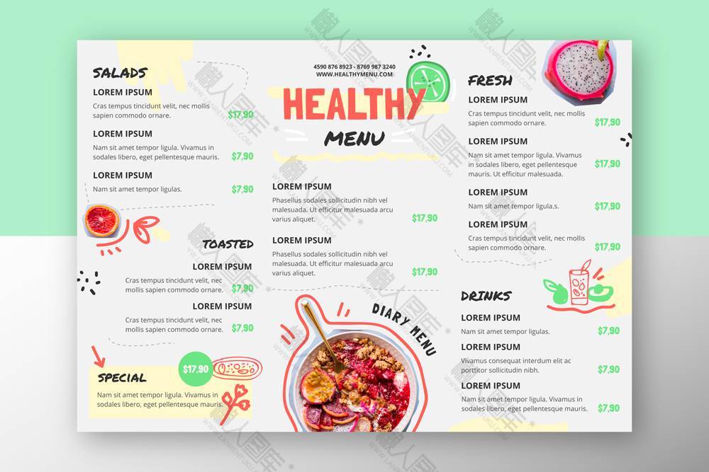 餐厅健康餐菜单设计矢量图